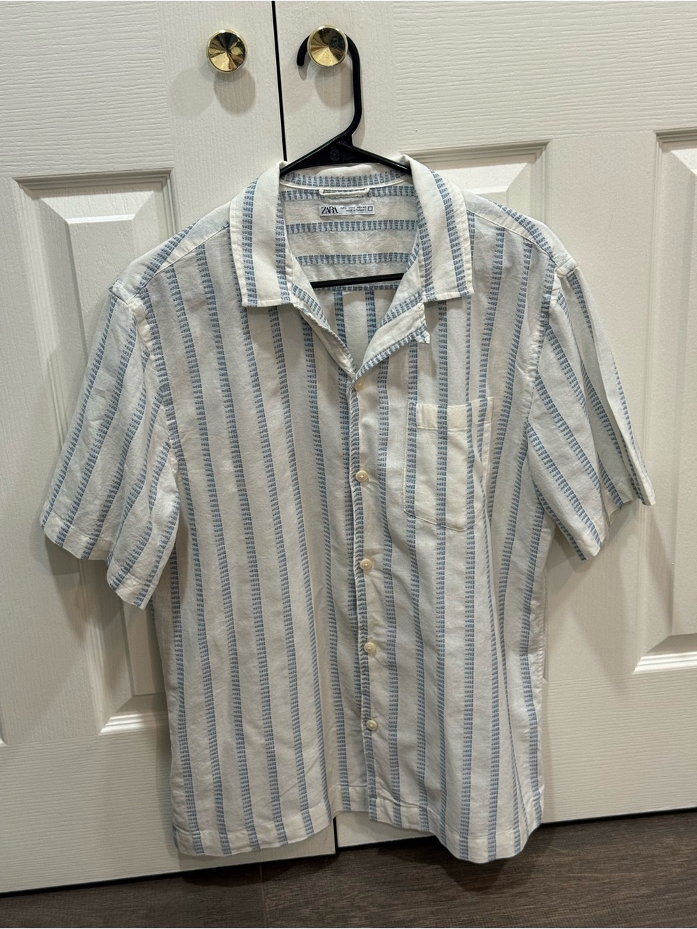 Zara Men's White Shirt with Light Blue Vertical Stripes